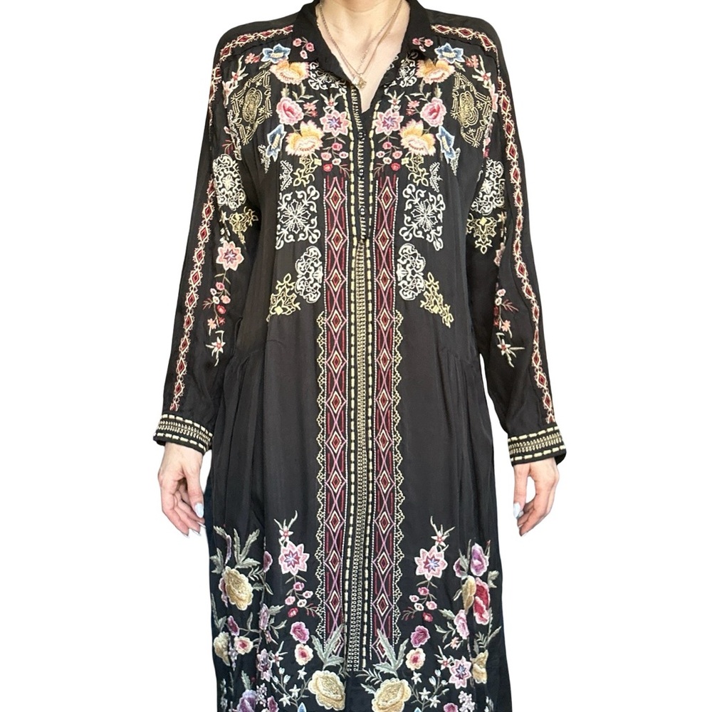 Johnny Was Fairlie Dress Black Floral Embroidered Midi Dress Size Medium